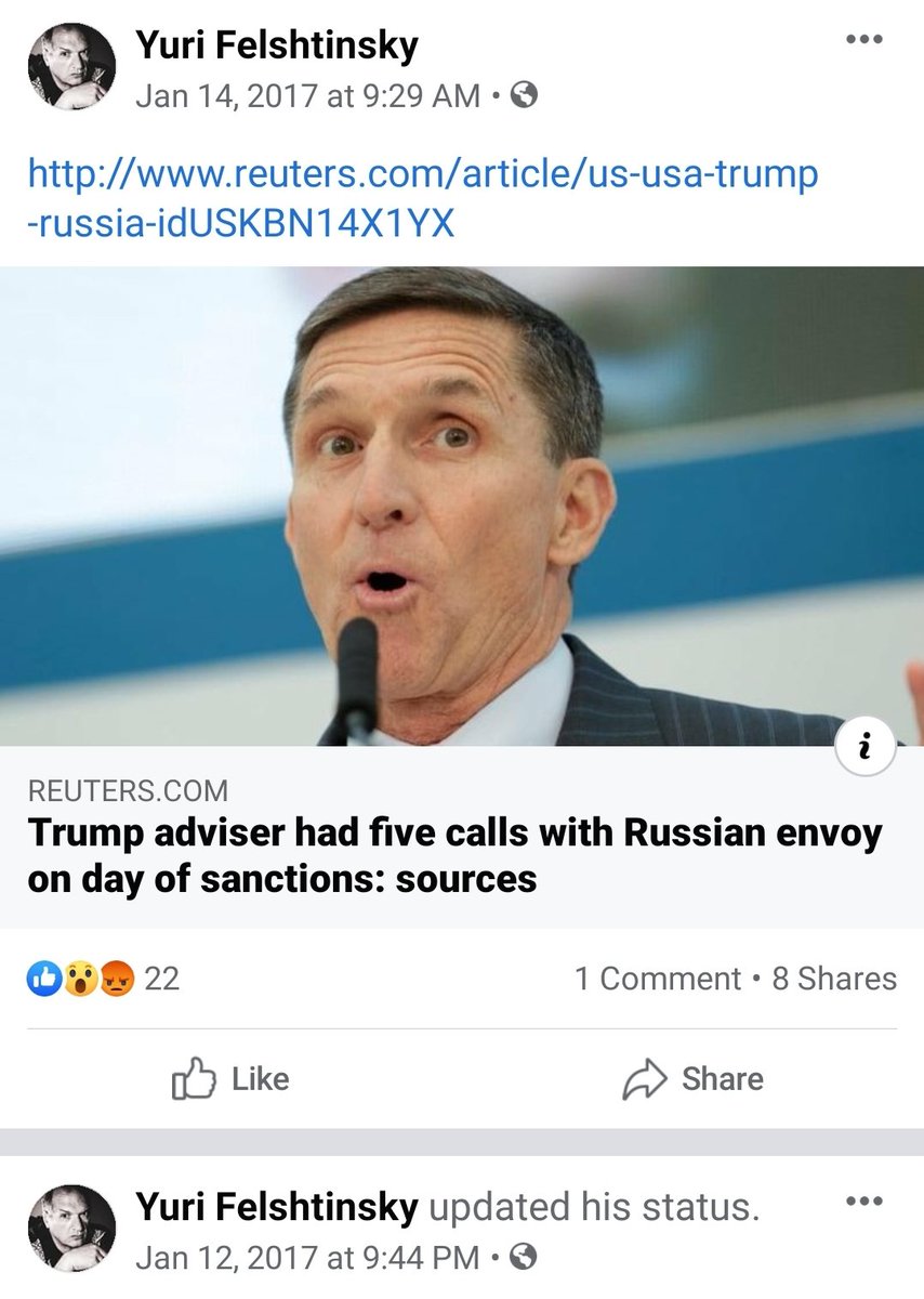 20/ An avid poster on Facebook, Felshtinsky shared a January 10, 2017 letter he wrote to a colleague in Moscow. Uncharacteristically, he didn't post anything on January 13, 2017.  https://m.facebook.com/story.php?story_fbid=400442663633583&id=100010035585722