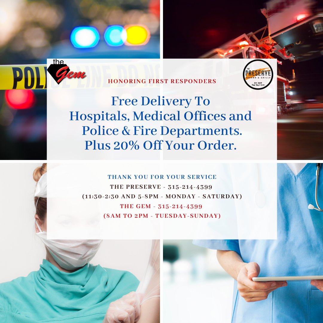 thegemdiner's tweet photo. We are thanking the first responders who are on the front lines of this outbreak.  Our daughter is currently working in a Syracuse hospital and we have always been connected to the people who step in when others are running out. Thank you for all you do. #firstresponders https://t.co/tAN9cgFfZX