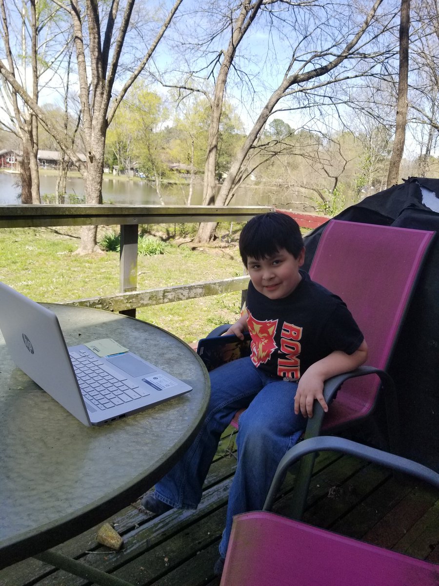kevtrek's tweet photo. Jerry, watching his school videos and wearing his Rome Reads shirt. #weespiritweek2020 @WestEndWolves https://t.co/UKeAHVmttz