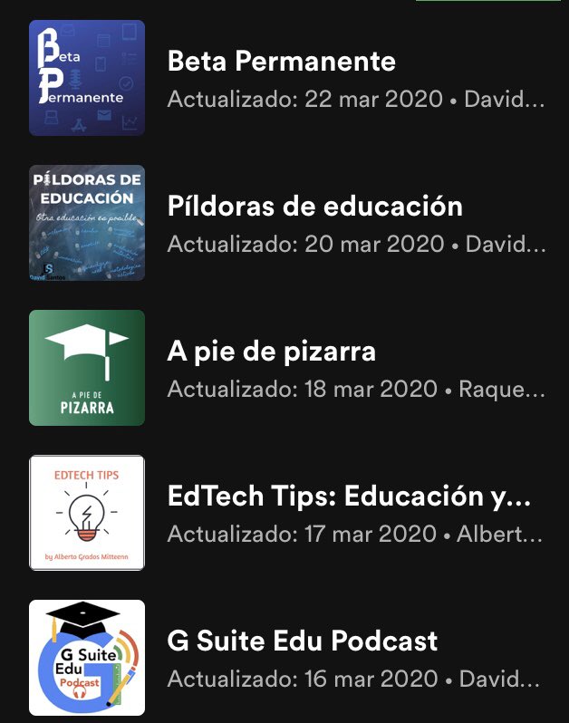 He hecho una pequeña recopilación de podcasts educativos en mi cuenta de Spotify. Gracias por vuestras recomendaciones. #claustrovirtual #YoMeQuedoEnCasaAprendiendo