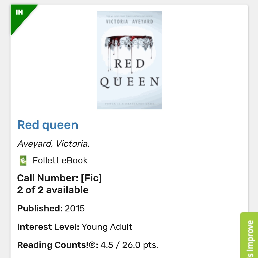 NPGrizzlyLib's tweet photo. A land where those with silver blood rule, Mare discovers she has powers. There's only one problem... She is a red blood. How will she hide the truth and save her people. #WMSreads #WSDlibraries #quarantread https://t.co/rr1Ead1ywR