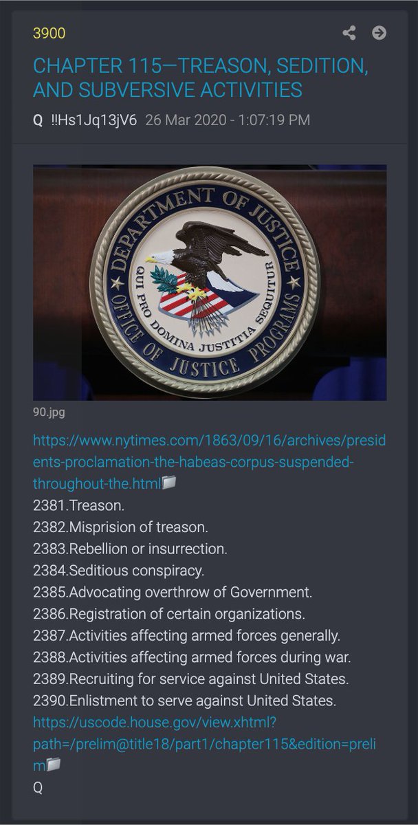 22.  #QAnon cites historical precedent for POTUS to suspend habeas corpus during times of national threat involvingTreasonRebellion or insurrectionSeditious conspiracyAdvocating overthrow of GovernmentRecruiting/Enlistment for service against US https://uscode.house.gov/view.xhtml?path=/prelim@title18/part1/chapter115&edition=prelim  #Q