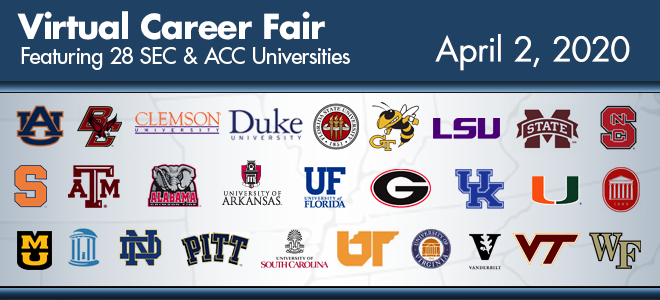 𝐒𝐄𝐂 &amp; 𝐀𝐂𝐂 𝐕𝐢𝐫𝐭𝐮𝐚𝐥 𝐂𝐚𝐫𝐞𝐞𝐫 𝐅𝐚𝐢𝐫 - 𝐀𝐩𝐫𝐢𝐥 𝟐, 𝟐𝟎𝟐𝟎

Connecting students &amp; alumni from SEC &amp; ACC schools across all majors &amp; degrees with employers looking to fill full-time, intern, or co-op job opportunities.

💼: careereco.com/fbevents/secacc