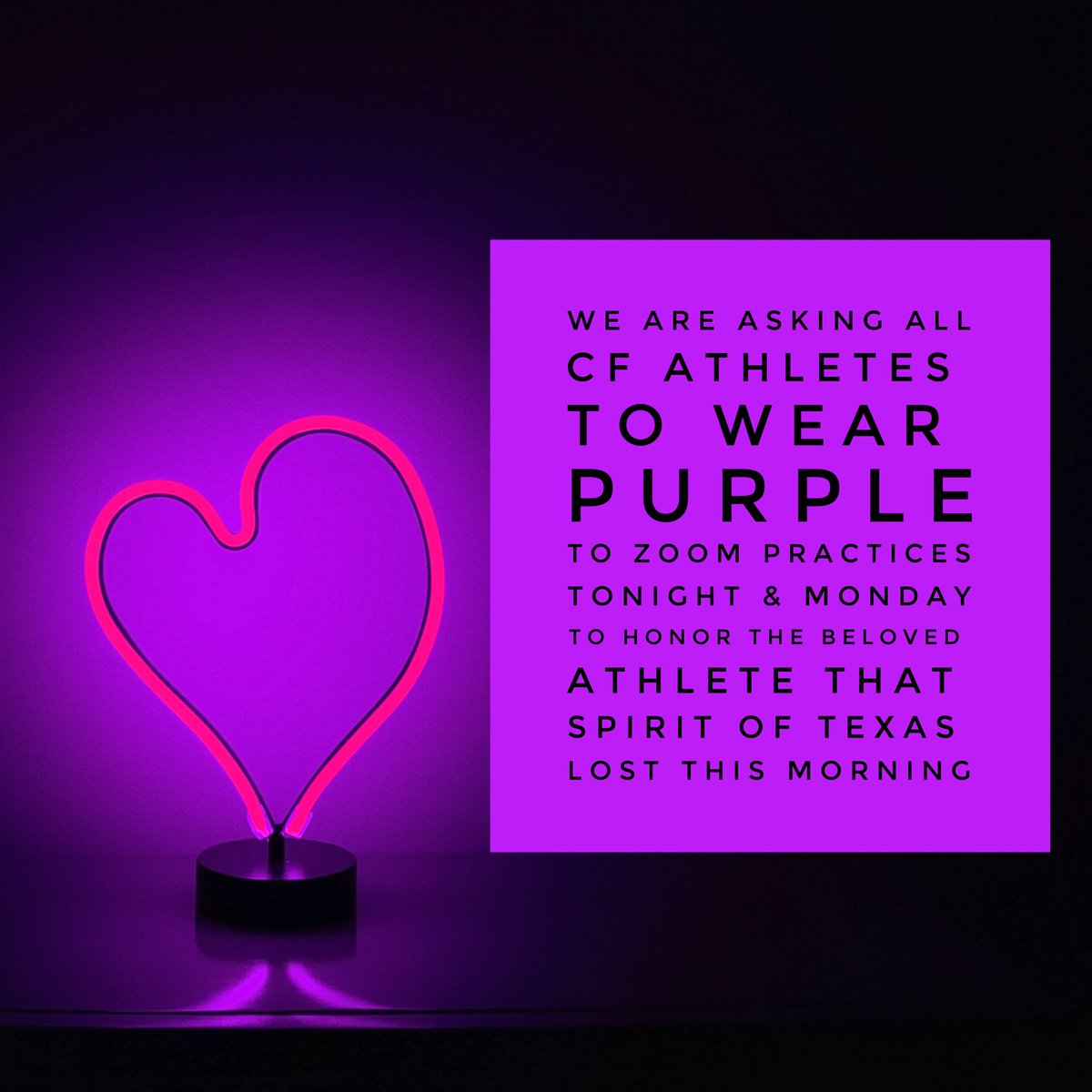 CheerForceOC's tweet image. It is with a heavy heart that we announce our friends at Spirit of Texas lost an athlete this morning. We are asking all athletes to please wear purple to zoom practices tonight &amp;amp; Monday to show our support. Please pray for her family, teammates, and friends in this tough time.