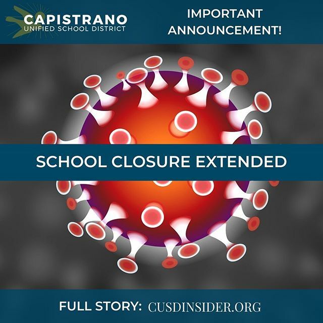 GoLNESAviators's tweet photo. Important Announcement: The Capistrano Unified Board of Trustees voted to continue #distancelearning and extend school closures through May 1, 2020, during a March 25 special meeting. Visit https://t.co/vrNxilq8rW to review the complete announcement to f… https://t.co/78y4tpUoFN https://t.co/REOIGL9mFe