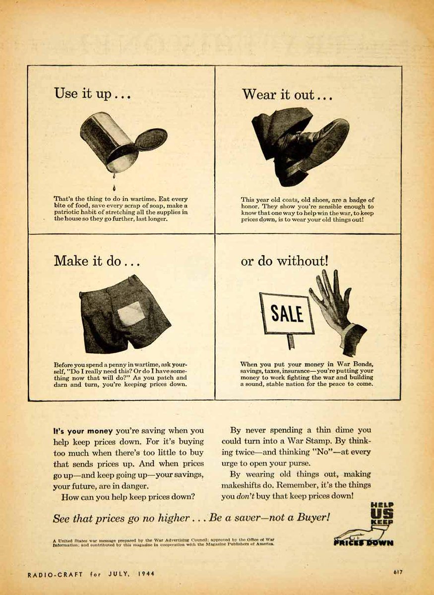 tsh's tweet photo. I've been even more admirable than usual about the WWII-era slogan "use it up, wear it out, make it do, or do without" and that generation's ability to be so scrappy with so much less. (I remind myself this when the store is out of eggs for the 3rd time in a row.) #coronavirus https://t.co/bfdZKWsJVN