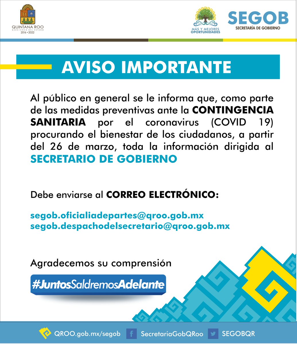SEGOBQR's tweet image. Como parte de las medidas preventivas por el #COVID19, procurando el bienestar de los ciudadanos, toda la información dirigida al Secretario de Gobierno @DocAContreras, debe enviarse por correo; solicitamos tomen las previsiones necesarias. #SeguimosTrabajando @CarlosJoaquin
