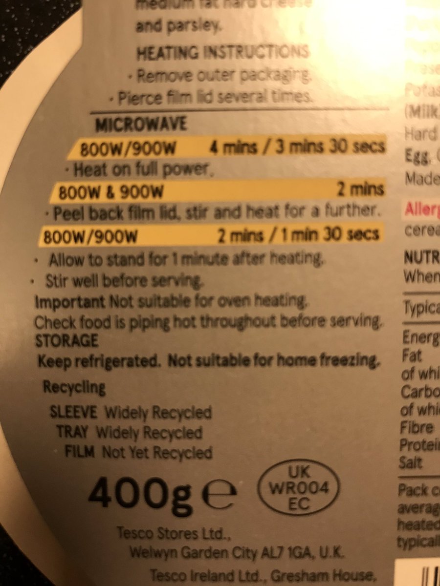 dazrunner's tweet image. How on earth do you cook this spaghetti carbonara @Tesco ? Surely you don’t heat it up for 7 mins in a 900w microwave OR is the top line the TOTAL time (if so it should say) and the 2nd and 3rd splits? It is not clear at all...🤷🏻‍♂️