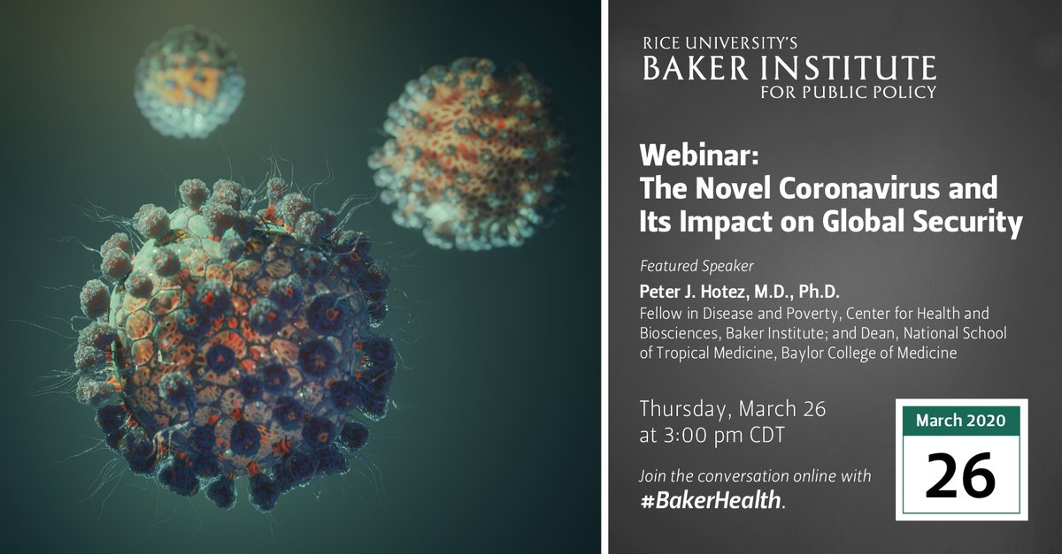 BakerInstitute's tweet photo. WATCH: Today at 3:00 p.m. @BakerCHB fellow @PeterHotez discusses the #coronavirus outbreak and his work as a #vaccine scientist in a free webinar. Watch the livestream here: https://t.co/DSp9rBPt3x https://t.co/aGvRTKFtdH