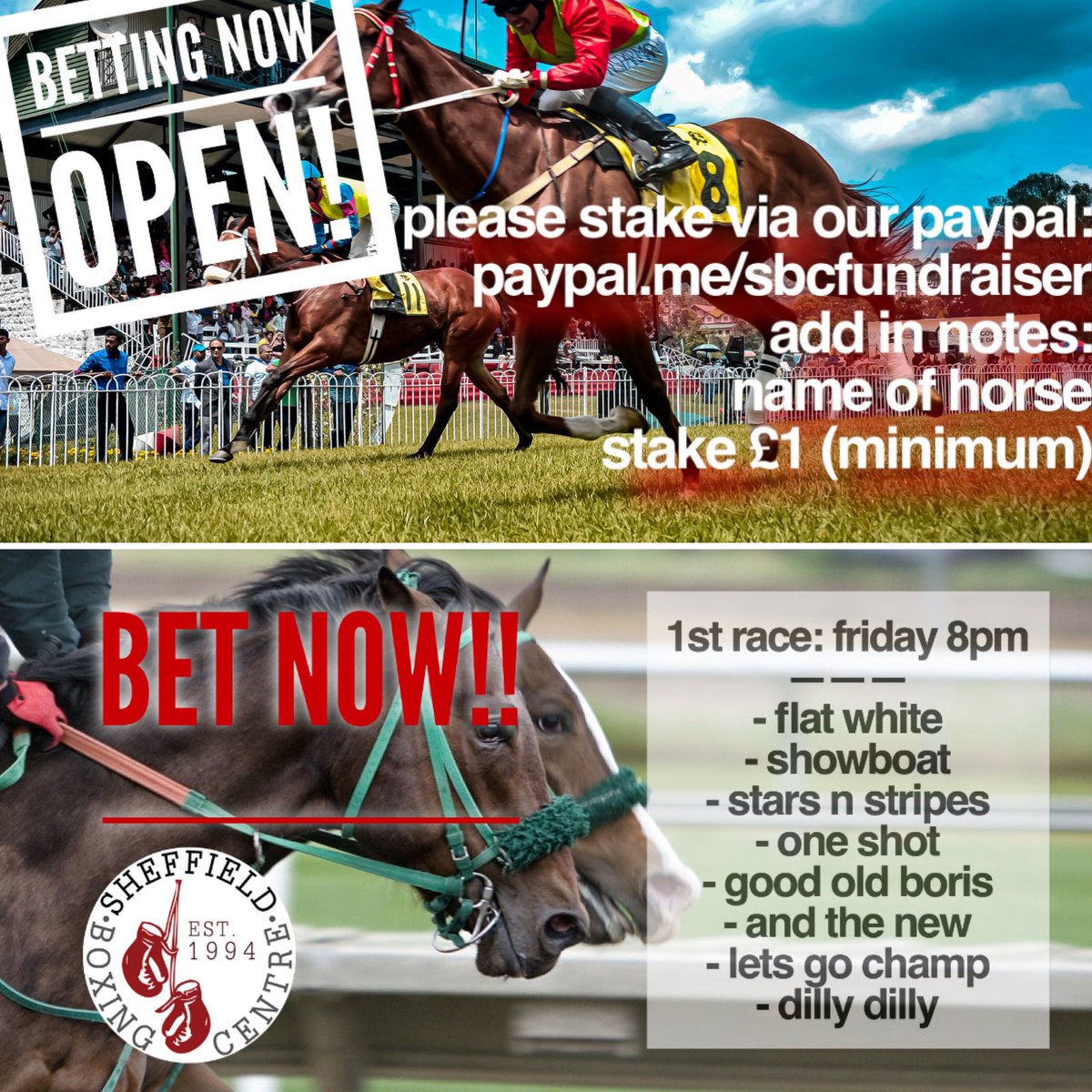 skf007's tweet photo. The first race of our charity racing festival is tomorrow (Friday) at 8pm. Betting is open now!
All monies raised goes towards Junior boxers trip to USA. Please help if you can.Use link below to bet                                          https://t.co/9QM8c42PvB https://t.co/BzhStxJyy3