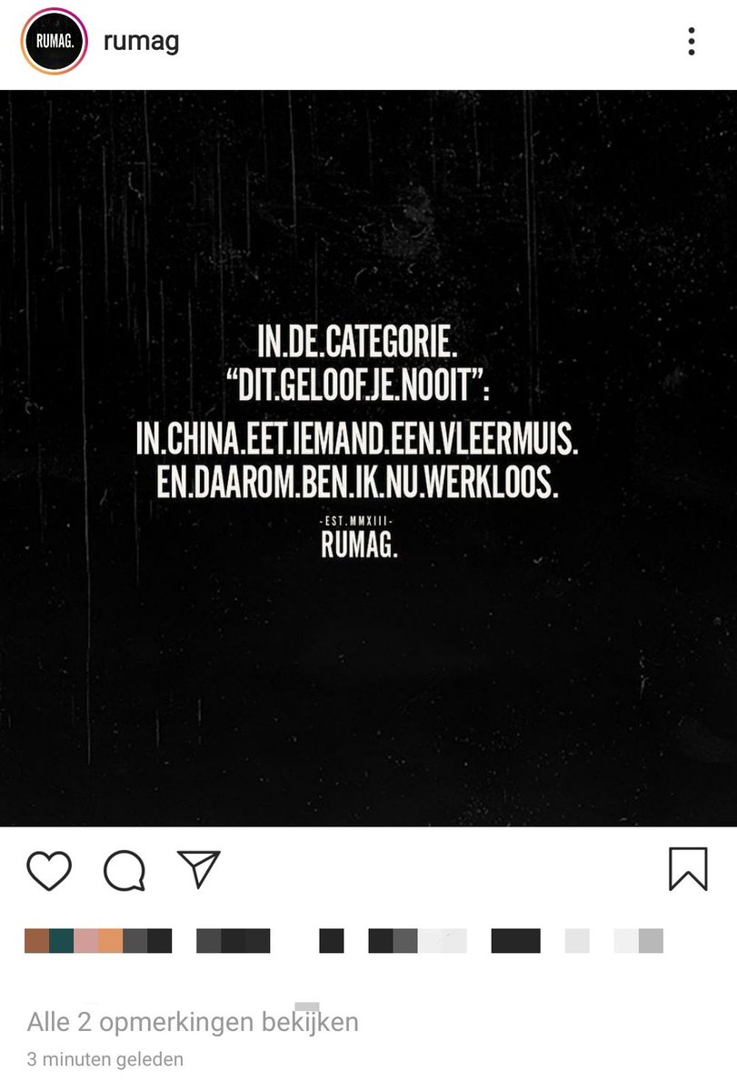 Hey racisten van de wereld, dat virus is niet ontstaan omdat iemand in China een vleermuis at. En RUMAG, jullie zijn alweer betrapt op plagiaat. Met dank aan oplettende volgers