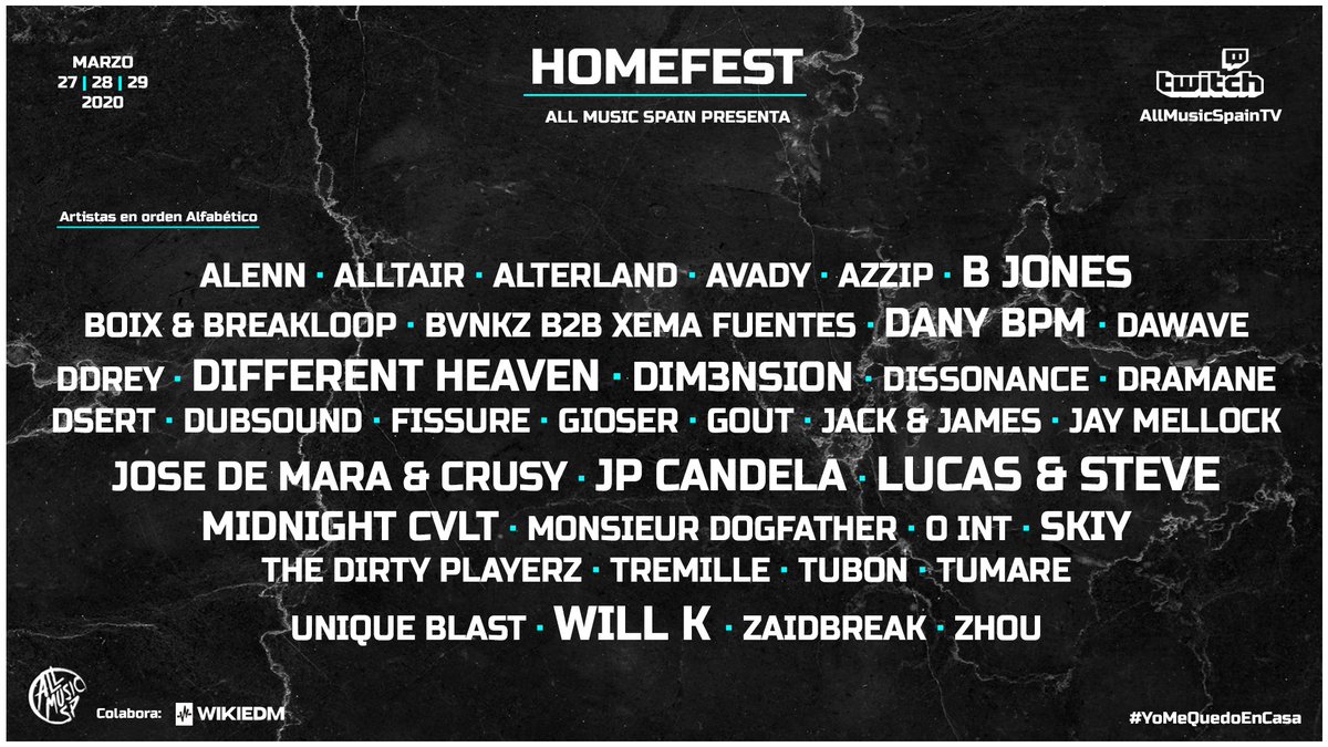 POR FIN!!
Desde <a href="/AllMusicSpain/">All Music Spain</a> presentamos #HomeFest, un festival online con lo mejorcito del panorama nacional e internacional para haceros bailar este fin de semana🔥

27, 28 y 29 de marzo
twitch.tv/allmusicspaintv

SE PRENDIO LA VAINAAA