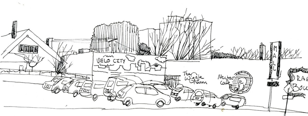 Line drawing of businesses in the Hollywood District of Portland, OR #PDX #HollywoodDistrict binglestudios.com/2020/03/26/hol…