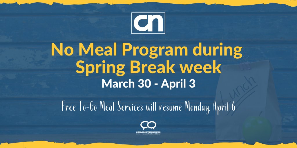 There will be no Free To-Go Meal Services offered next week during Spring Break, March 30 - April 3. Meal Services will resume Monday, April 6th.