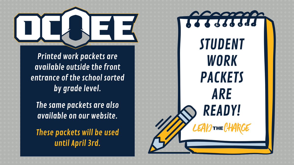 OcoeeMiddle1's tweet image. 📝STUDENT WORK PACKETS📝
Work packets have been delivered and are ready for pickup! They are located at the main entrance of the school. You can stop by any time to pick yours up. #LeadtheCharge