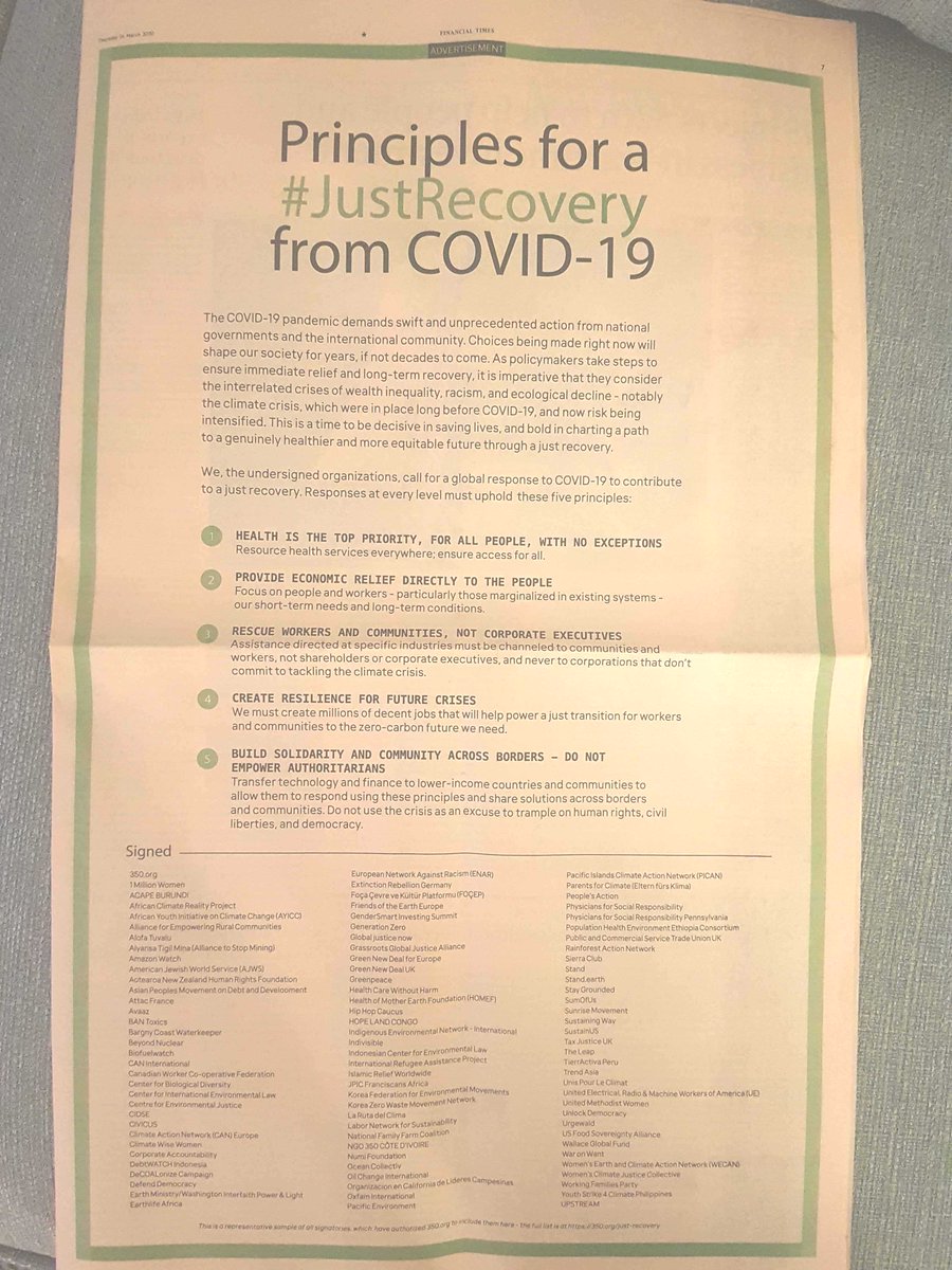 350's tweet image. When global elites opened their Financial Times this morning, they were greeted with a full page around the 5 Principles of a #JustRecovery 

These demands can&apos;t be ignored. Through organizing and people power we will make them happen. fal.cn/37i3j