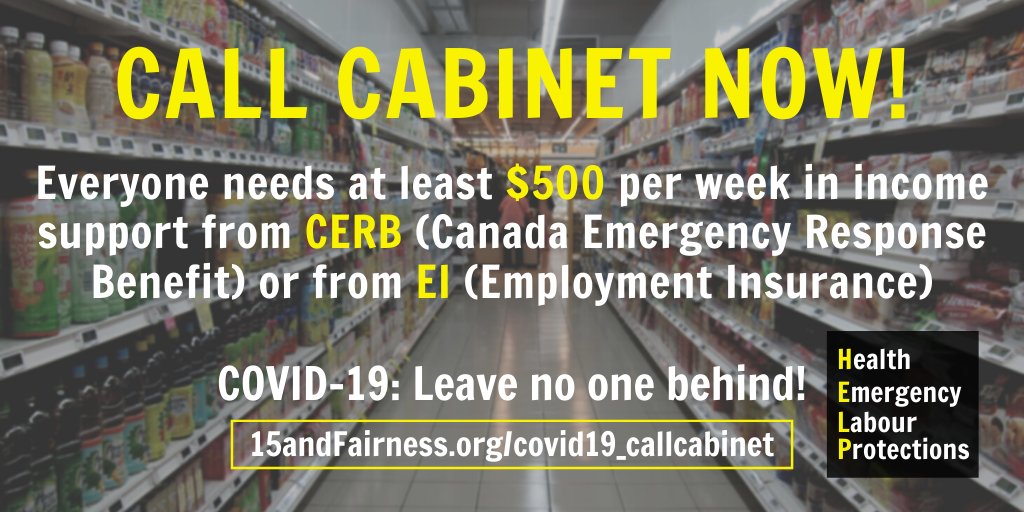 $500 weekly Canada Emergency Response Benefit is a step forward to protect workers during #COVID19, but we need to make sure it is accessible to ALL! 
Call now ☎️ to ask Cabinet members to exclude no one - not EI recipients, not migrant workers, no one! 15andfairness.org/covid19_callca…