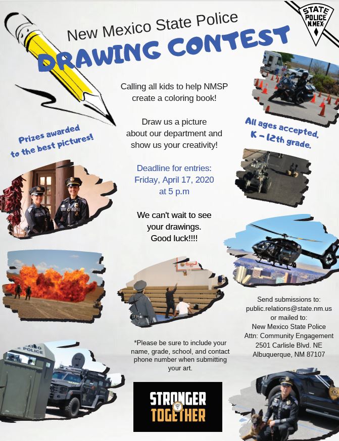 NMStatePolice's tweet photo. Calling all kids! State Police Launches Coloring Book Drawing Contest #PressReleaseNMSP #foryouwithyoutogether #nmsp https://t.co/woSX3bHhC9 https://t.co/GTA9hvmyIO