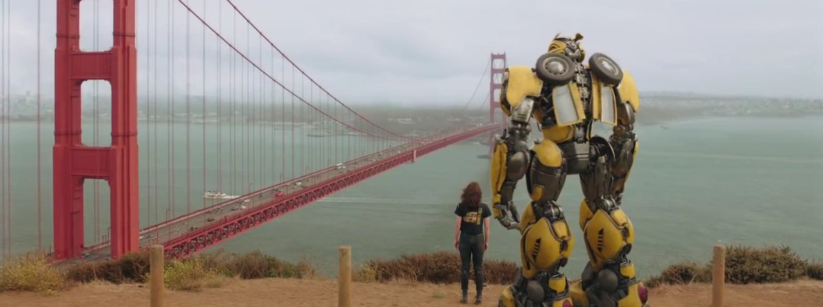 Bumblebee the transformer gazing at the Golden Gate Bridge from matin headlandd