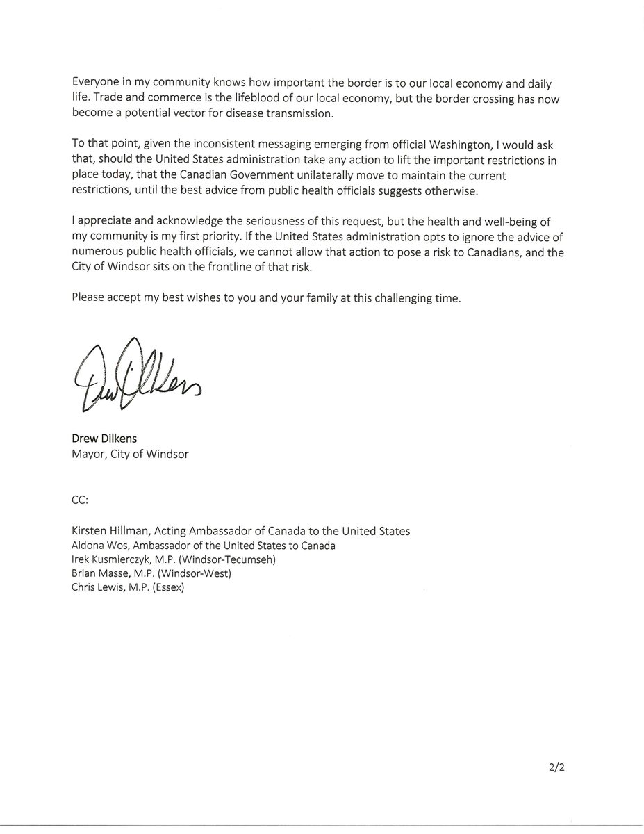 drewdilkens's tweet image. The U.S. administration’s plan to potentially lift vital pandemic-related restrictions is of grave concern to me as mayor of a border city. I have written to @cafreeland urging our federal government to protect Canada’s population by maintaining current travel restrictions.