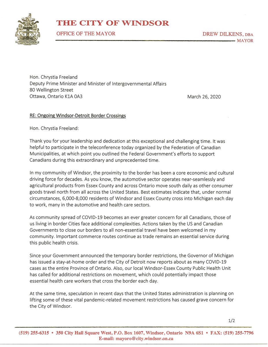 drewdilkens's tweet image. The U.S. administration’s plan to potentially lift vital pandemic-related restrictions is of grave concern to me as mayor of a border city. I have written to @cafreeland urging our federal government to protect Canada’s population by maintaining current travel restrictions.