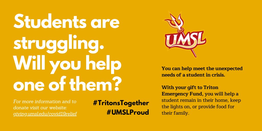 umsl's tweet photo. Many @umsl students are losing income their families depend on. Your gift to the Triton Emergency Fund will help us ensure no UMSL student experiences eviction or hunger during this time of crisis. And thanks to @PlumbIndCouncil your gift will be matched! https://t.co/8Or7Rd3n04 https://t.co/p4nfQblsWD