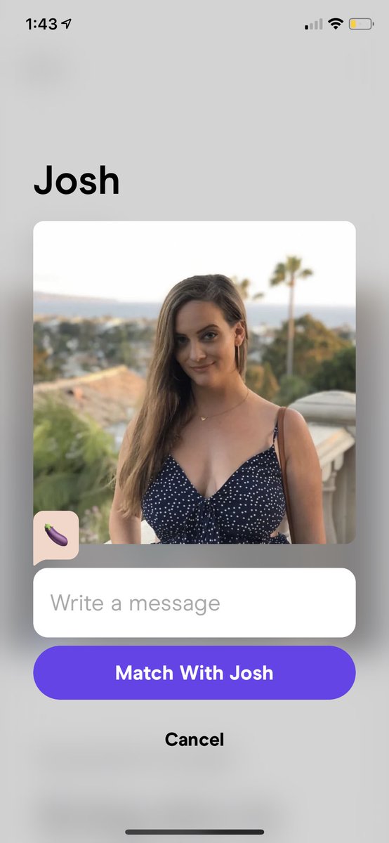 StephLArk310's tweet photo. Oh yeah josh send me the eggplant emoji... as a... compliment? Real original #HingeFails https://t.co/luDW8qQqBZ