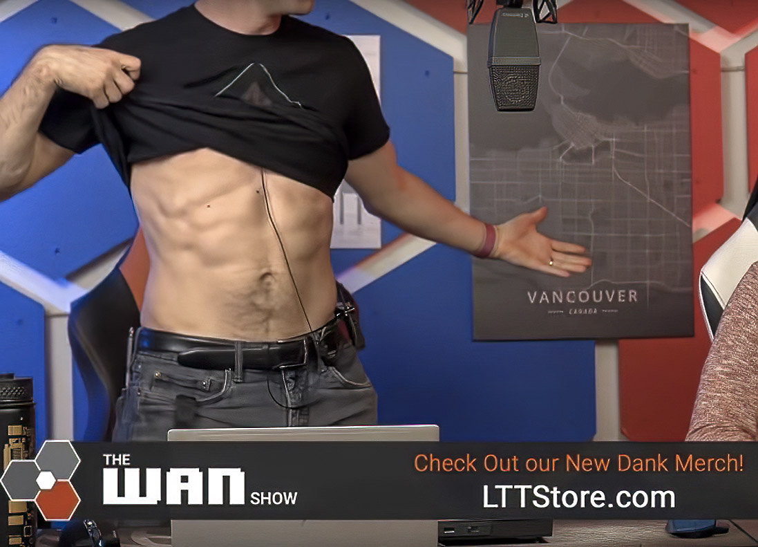 vocaltransit's tweet photo. Did #LinusTechTips merch sales spike suddenly after @LinusGSebastian's torso reveal on #theWANShow? w/ @james_strieb @LinusTech https://t.co/RAgNMDOqe8  #thirsttraps 😋 https://t.co/iqgaSrLsYT