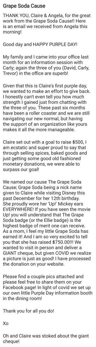 EpilepsySCO's tweet photo. THANK YOU, Claire &amp; Angela, for the great work from the Grape Soda Cause!! Here is an email we received from Angela this morning!

#PurpleDay https://t.co/1HGR9Rokjy