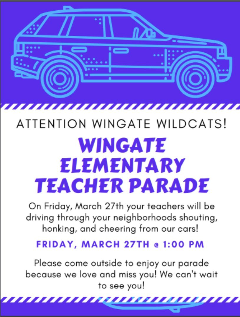 WingateESNC's tweet photo. Here we come @WingateES_NC students. We miss you so much we are coming to you! Wave to your teachers from a distance. Can't wait till tomorrow starting at 1:00. Look for @TownofWingateNC leading the way! @educatingall @APShanda @Renee_McKinnon1 @AGHoulihan @UCPS_MonroeNC https://t.co/NFBI9ayXtJ