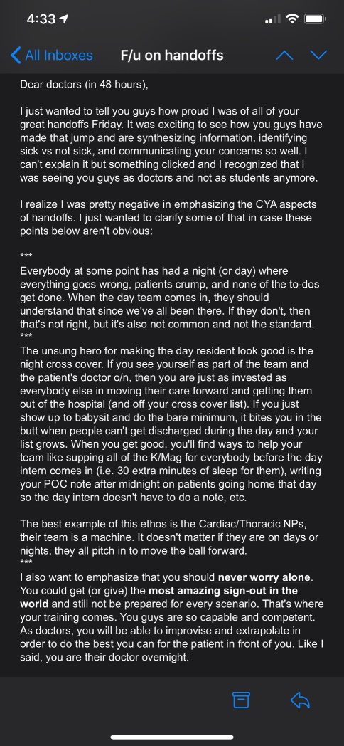 Sprinkle_MD's tweet photo. Here’s an email I sent to soon to be grads after teaching them a class about consents and handoffs. So much to say but I think most important is to be encouraging while warning them about the types of traps and biases we can fall into when rushed, stressed, and sleep deprived 🙃 https://t.co/oX1yWws3si