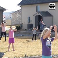 HeartMath's tweet photo. Neighbors connecting in a fun way thanks to social distancing. They have organized a Zumba class. The Instructor on a megaphone & the class spaced appropriately apart. Creativity + fun = heart! #addheart #exercise #zumba #dance #uplift #socialdistancing https://t.co/ThHwBEinuE https://t.co/ZopkxW9Hga