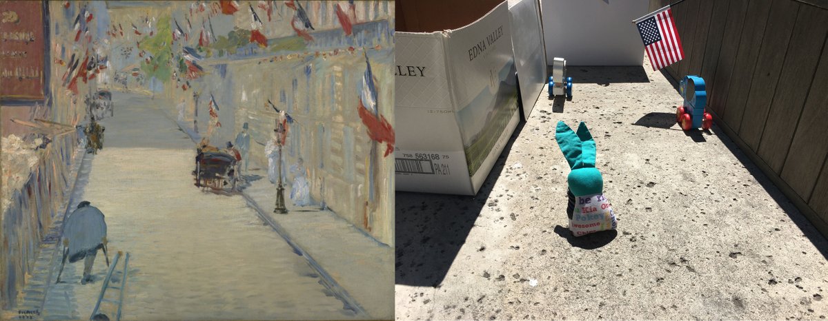 All about perspective https://www.getty.edu/art/collection/objects/825/edouard-manet-the-rue-mosnier-with-flags-french-1878/?dz=0.5000,0.4041,0.77