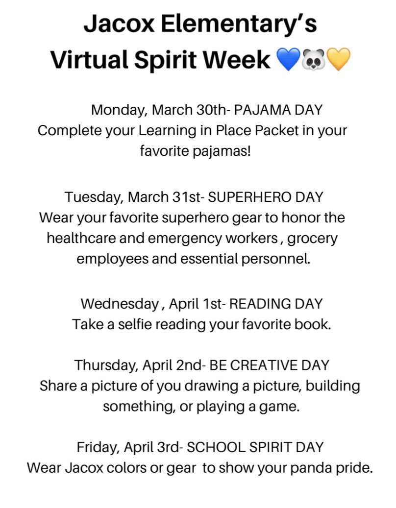 Pandas 🐼 get ready !! Virtual spirit week starts on Monday !!
