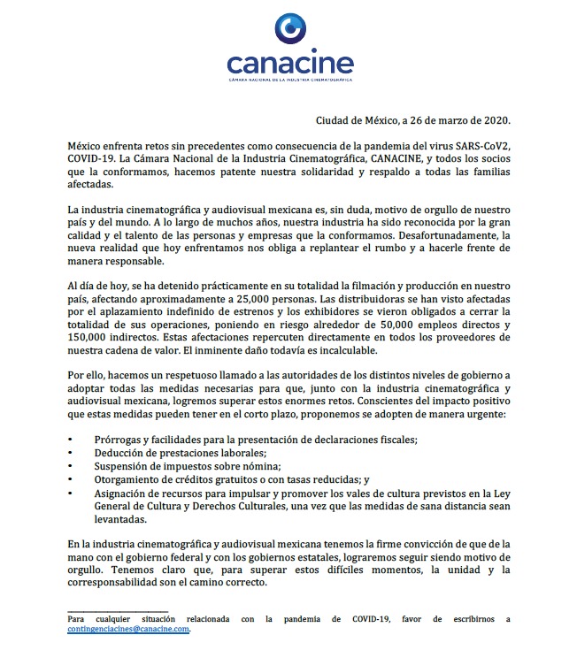 Comunicado de <a href="/CANACINE/">CANACINE</a> ante la pandemia del #COVID2019 

#Cinepolis #Cinemex #cine #MovieNews #CANACINE 🎞
<a href="/SergioMayerb/">Sergio Mayer B.</a> <a href="/fersanchezsasia/">Fernando Sánchez Sasia</a> <a href="/R8prior/">Rogelio Prior</a> <a href="/kike_gamez/">Luis Enrique Gamez S</a> <a href="/redquiroz/">Rafa Quiroz</a>
<a href="/robquinterov/">Roberto Quintero</a> <a href="/HiRaM_ChIwA/">Hiram Estupiñan</a> <a href="/maria_novaro/">Maria Novaro</a> <a href="/nicocelismx/">Nicolas Celis</a> <a href="/GastonPavlovich/">Gaston Pavlovich</a> <a href="/DragonFilms/">Dragon Films</a> <a href="/AcademiaCineMx/">AMACC</a> <a href="/RealGDT/">Guillermo del Toro</a>