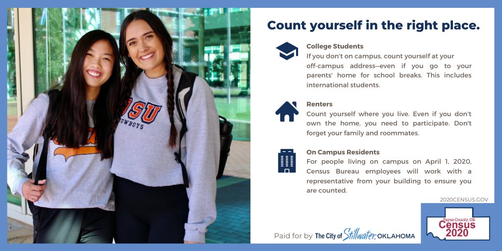 Ad: If you are an <a href="/okstate/">Oklahoma State Univ.</a> student, look out for your invitation to respond to the 2020 Census. You should respond online, by mail, or by phone based on where you are living on April 1st even if you go home for school breaks. #StwOK #StillwaterOK <a href="/StillwaterOKgov/">City of Stillwater, OK</a>