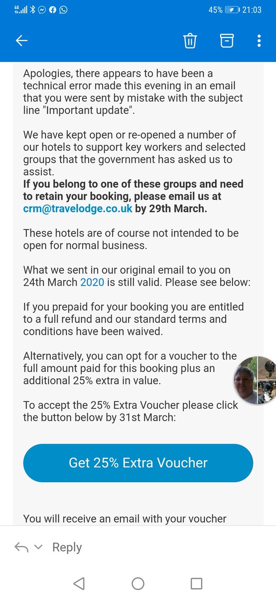 jnrbilko's tweet photo. @TravelodgeUK Why don't you start amends by giving NHS staff/key workers a free night away once this nightmare is over. I will happily start the ball rolling by gifting my night I had booked next week which you say is cancelled, not cancelled, then cancelled!👏👏#clapforourcarers https://t.co/3WDB6PaDKN