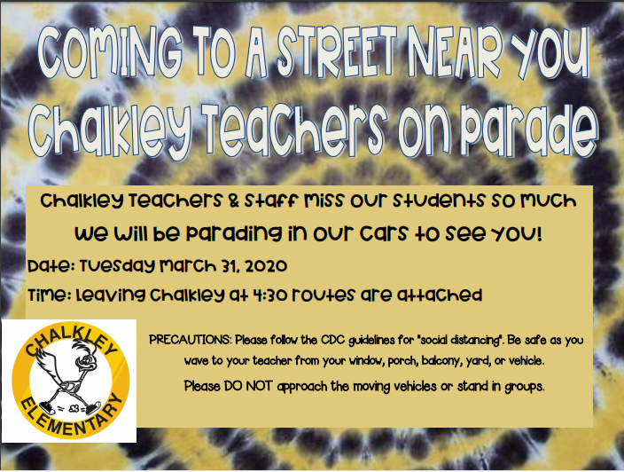 DrJGillAP's tweet photo. Hello Chalkley Families!

Beep Beep! Our teachers and staff are missing our students so much that we have decided to gather in a parade of vehicles to drive by your home. We will leave Chalkley at 4:30 on Tuesday, March 31st. Check your email to see the route! https://t.co/w7T65Svqpa