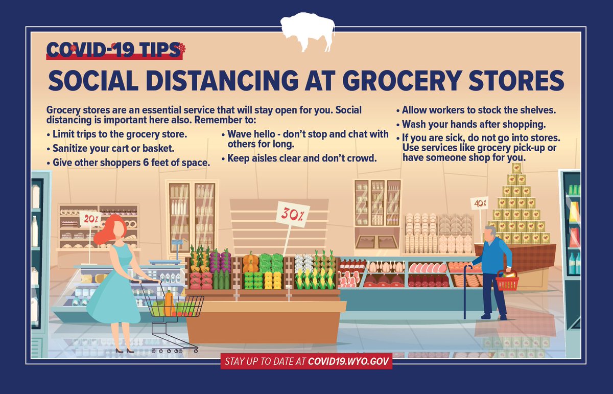 GovernorGordon's tweet photo. Grocery stores are an essential service that won't close. Keep in mind, #socialdistancing matters when shopping, too. Give your neighbors space and don't go out if you are sick. Actions like these help #slowthespread. #COVID19WY https://t.co/6lnrkuyS7x