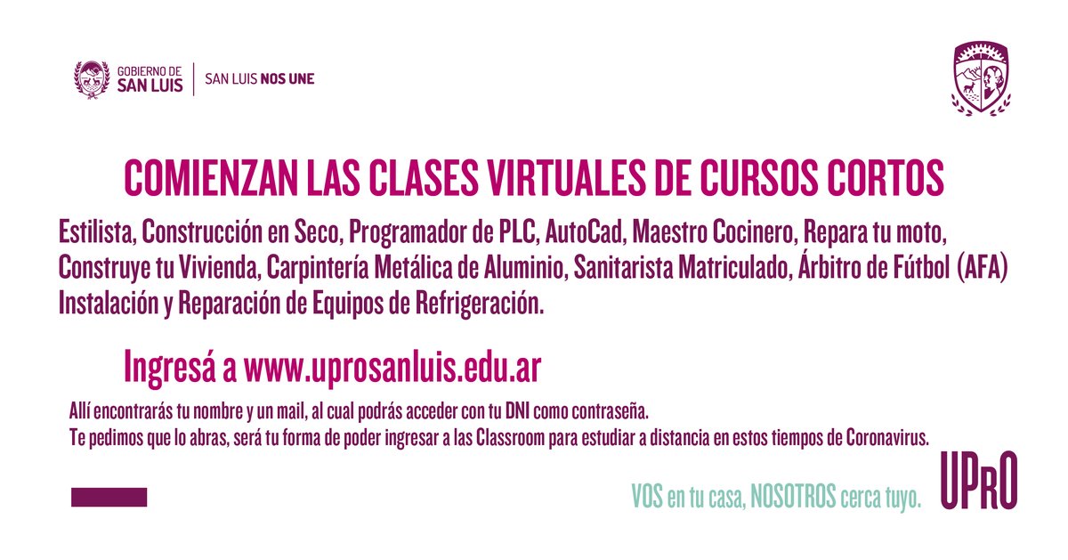 uprosanluis's tweet photo. ¡Comienzan las clases virtuales para cursos cortos! 💪 Seguí las instrucciones e ingresá a tu Aula Virtual. 👩💻👨💻
#UPROenTuCasa #CuidemonosEntreTodos #YoMeQuedoEnCasa #Oportunidad #YoUPrO #Inclusión #Igualdad #Futuro #Trabajo #SanLuisNosUne #UPrO2020 #TodosSomosUpro https://t.co/Psg1lLbPnl