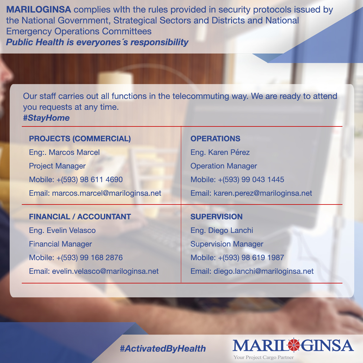 mariloginsaec's tweet image. #SecurityProtocol #Covid_19/ Our staff carries out functions under the modality of #Telecommuting complying with the provisions issued by the National Government and the World Health Organization. #PublicHealthIsEveryoneResponsibility #StayHome #ActivatedbyHealth