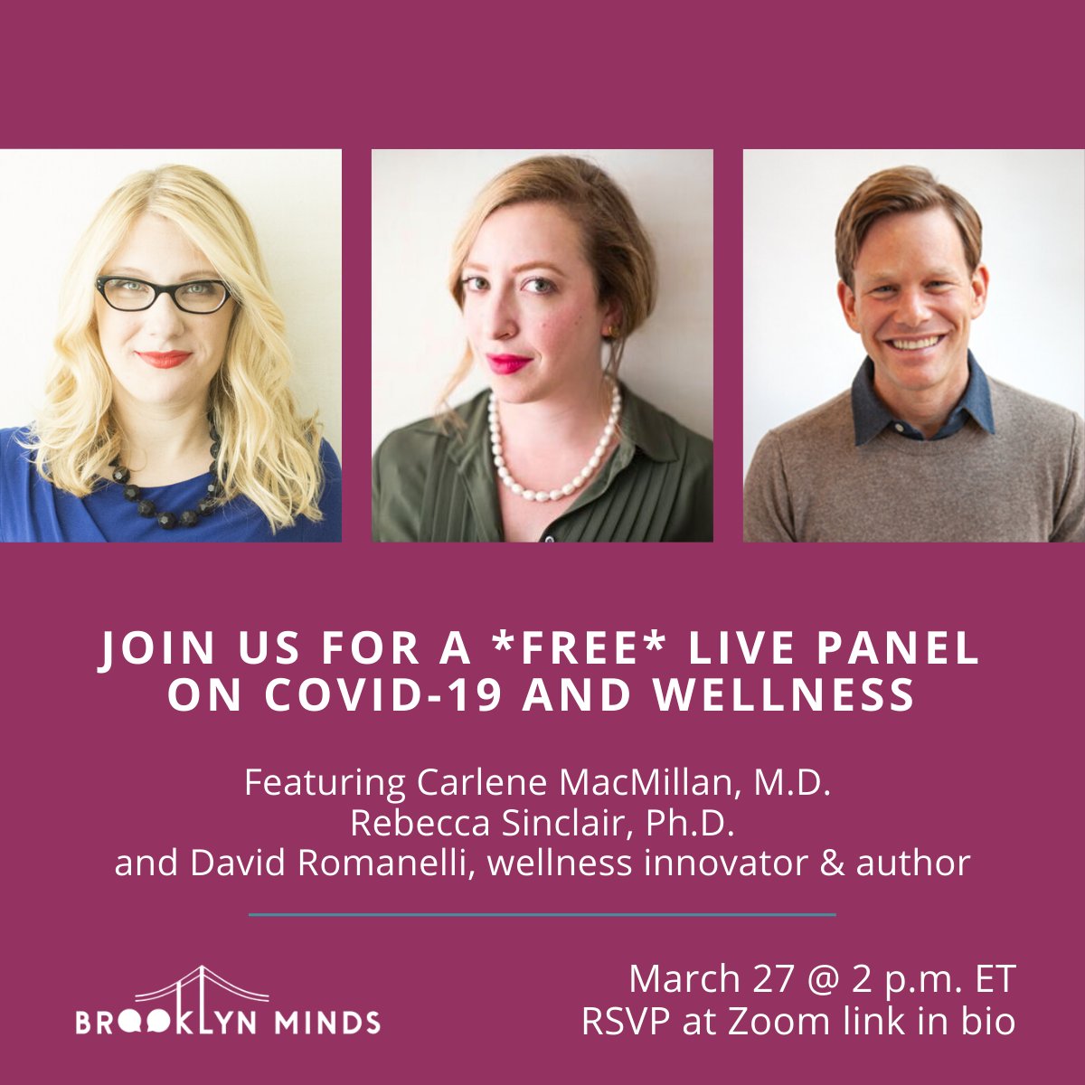 BKLYNMinds's tweet image. Special guest @yeahdave, leading health and wellness innovator &amp;amp; author of LIFE LESSONS FROM THE OLDEST &amp;amp; WISEST, will join @CarleneMac, M.D. &amp;amp; @DrBeccaSinclair, Ph.D. on our #RemotelyPossible Pandemic Panel tomorrow at 2pm ET #mentalhealthpanel 

Join us: buff.ly/2UmlLh5