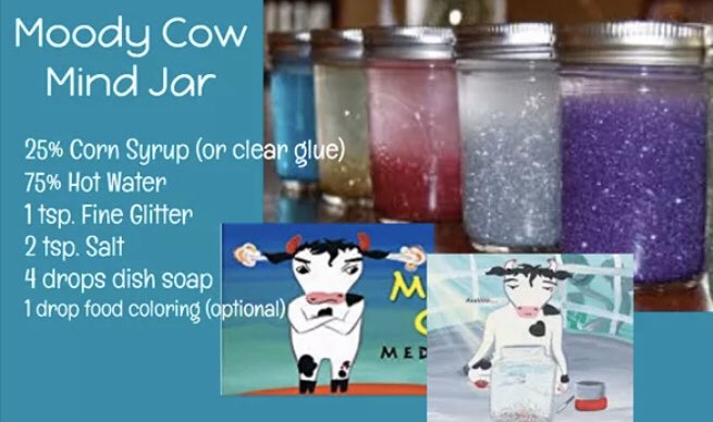 Feeling flustered? Making a calming Mind Jar might help. You can listen to how a Mind Jar helps Moody Cow at youtube.com/watch?v=xbzeRg…. Source: mindfulschoolcounseling.com Find more at-home activities for kids gathered by <a href="/PurdueExtension/">Purdue Extension</a> at purdue.ag/4hhomeactiviti…. #InspireKidstoDo