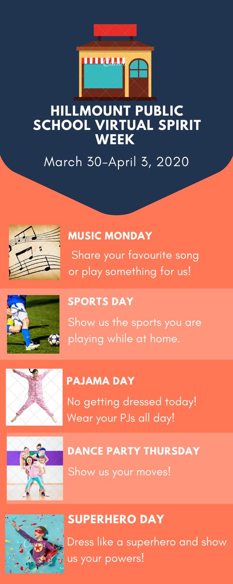 TDSB_Hillmount's tweet photo. Get ready Hillmount! We might  not be together but we can still show our spirit! Next week we will have a Virtual Spirit week.  @Elizabeth_Addo3 @tdsb @LC2_TDSB https://t.co/VgDAh5hPqA