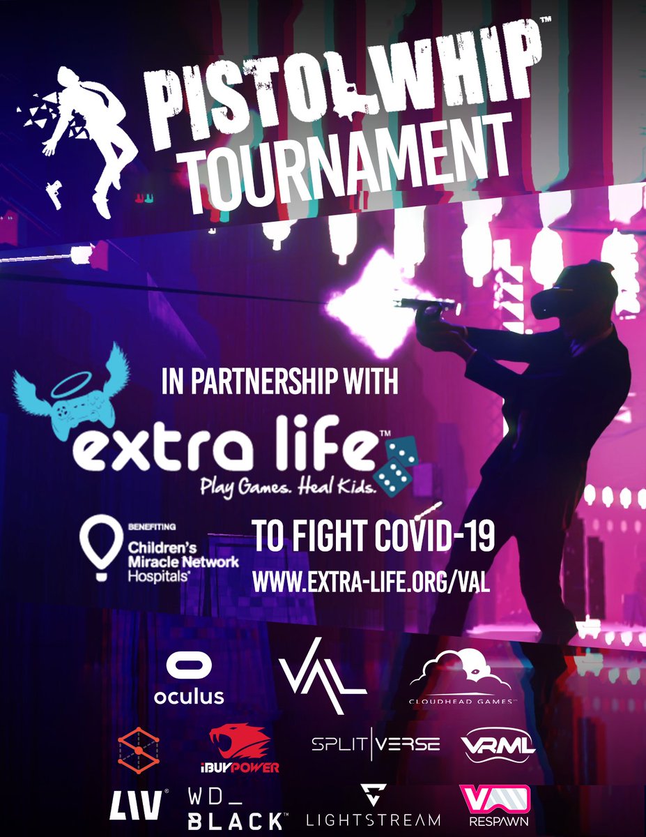 _VAL_VR's tweet image. We are now running our Pistol Whip world finals as a charity broadcast for @ExtraLife4Kids to benefit @CMNHospitals! They protect kids who are most vulnerable from Covid-19. Donate at extra-life.org/val. Retweet for a chance to win a copy of Pistol Whip from @CloudheadGames
