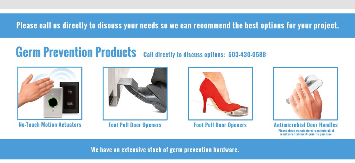 We understand the hardships COVID-19 has caused many businesses.  We know how important security is to the continued success of your business so we will remain open to help protect your facilities as long as it is legal to do so.  We stock germ prevention hardware.