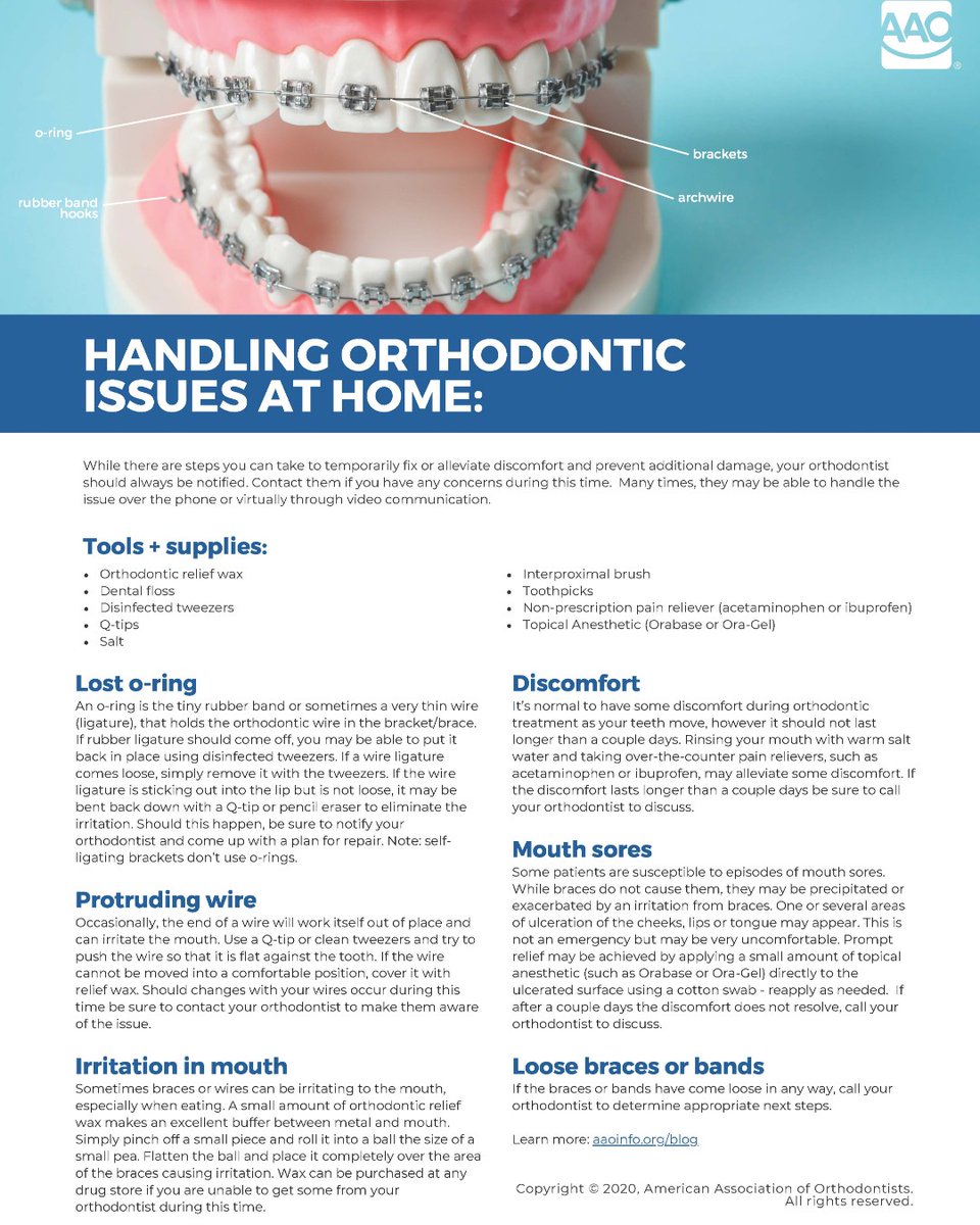 Patients to help with addressing Ortho Emergencies at home we're posting this AAO bulletin...Handling Orthodontic Issues at Home.

As always feel free to contact our emergency line and we can address issues one on one.
