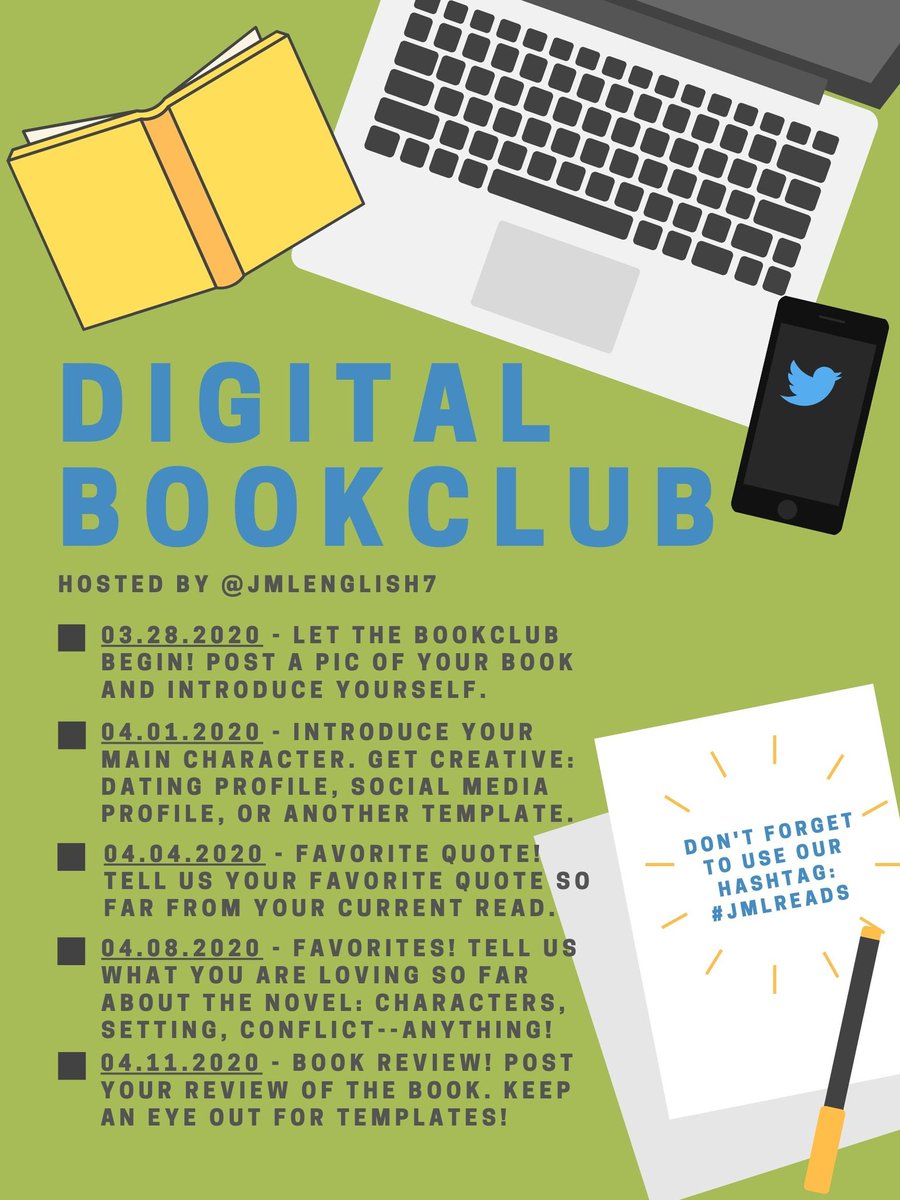 JMLEnglish7's tweet photo. The polls are in! Join our team for a #digitalbookclub starting Saturday, 03/28! See the Twitter topics & FAQsπCan't wait to read with everyone! Don't forget to use our hashtag: #jmlreads and tag us in your post! #happyreading https://t.co/4qLNMLfoMa