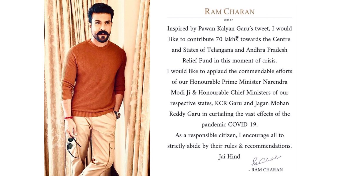 Ethnicora's tweet photo. #Repost @missmalini 
Telugu superstar, @alwaysramcharan has decided to do his part in helping tackle the global #COVID19 crisis. He is set to contribute 70 lakhs to the Andra Pradesh and Telengana relief funds. ♥️🤗 
#ethnicora #whitetruffles #5678mediagroup #advertising #dud https://t.co/WNUIalIwkv
