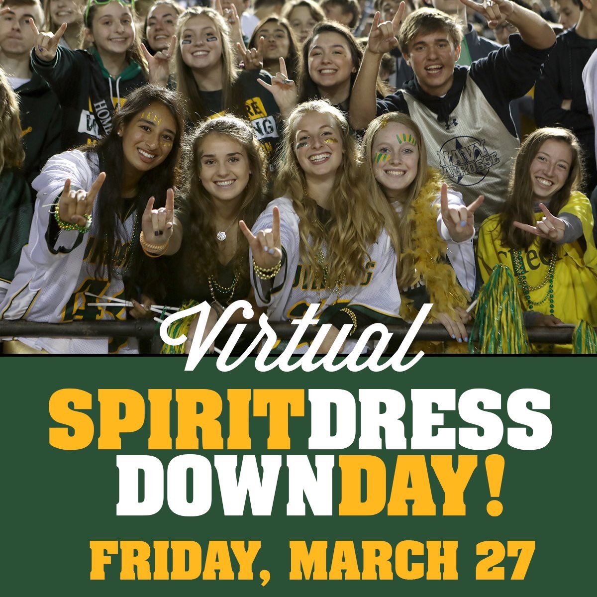 ACCHSVikings's tweet photo. #VikingNation VIRTUAL SPIRIT DRESS DOWN DAY! Friday, March 27. Wear your GREEN &amp; GOLD — then share, tag or message ACCHS for a chance to win a personal video message from your teacher of choice! We are #VikingProud of our students hard work, thank you for your #VikingSpirit 💚💛 https://t.co/GJPvQjZAJl